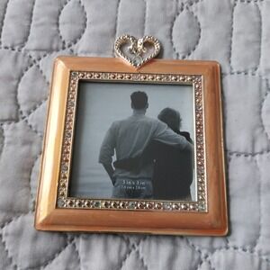 Peach Enamel Rhinestone Heart Top Square Picture Frame 3x3 Photo Gold Tone Metal